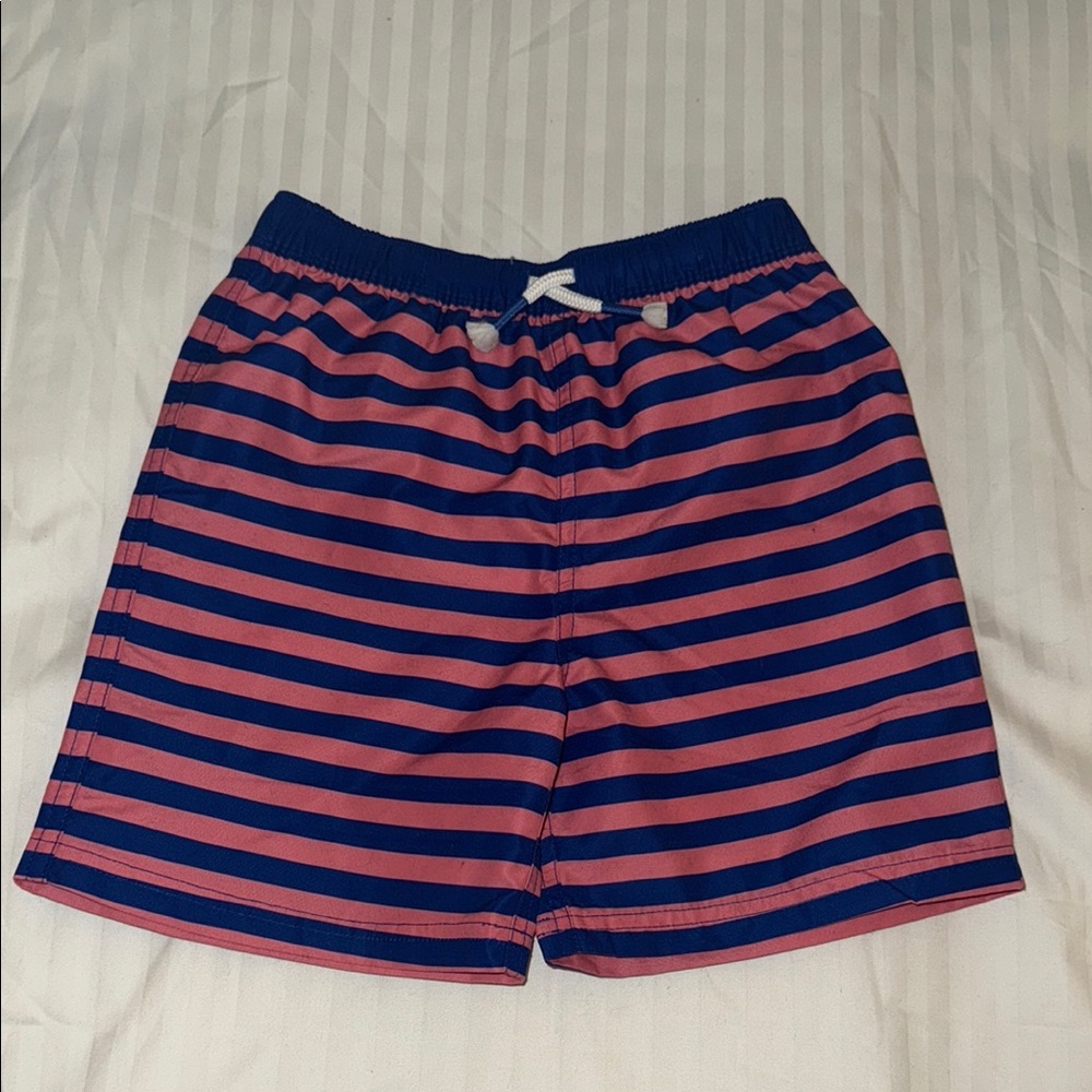 Mini Boden Navy and Pink Striped Swim Trunks